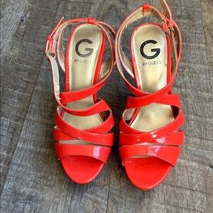 G by Guess Coral Pink Patent Crisscross Strap Sandals
